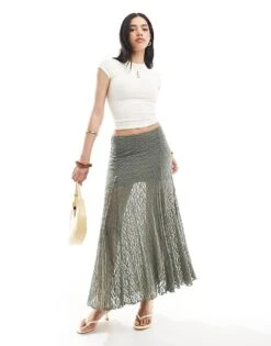 Bershka Lace Midaxi Skirt In Khaki For Women Green -Chic Maze Sales 208370372 1 green 1