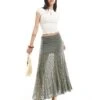Bershka Lace Midaxi Skirt In Khaki For Women Green -Chic Maze Sales 208370372 1 green