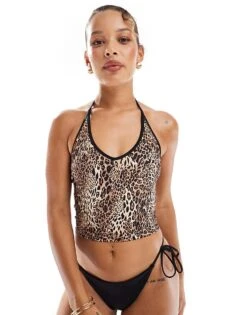 Bershka Contrast Trim Bikini Co-ord In Leopard Print