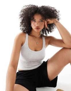 Bershka Scoop Neck Ribbed Tank Top In Grey For Women -Chic Maze Sales 208376482 1 grey 1