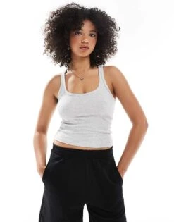 Bershka Scoop Neck Ribbed Tank Top In Grey For Women -Chic Maze Sales 208376482 3