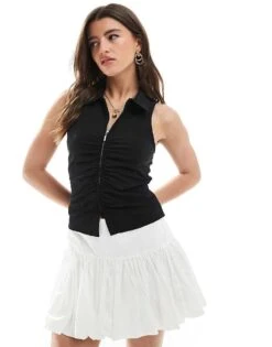 Bershka Bengaline Zip Front Top In Black For Women -Chic Maze Sales 208412040 1 black 1