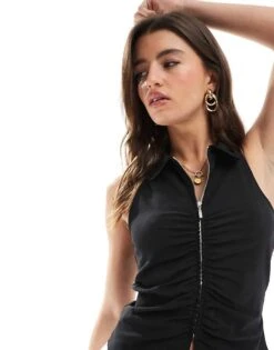 Bershka Bengaline Zip Front Top In Black For Women -Chic Maze Sales 208412040 2