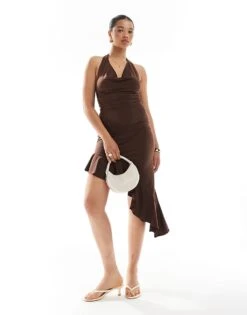 Bershka Halterneck Frill Detail Asymmetric Mini Dress In Chocolate For Women Brown -Chic Maze Sales 208412051 2