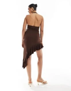 Bershka Halterneck Frill Detail Asymmetric Mini Dress In Chocolate For Women Brown -Chic Maze Sales 208412051 4