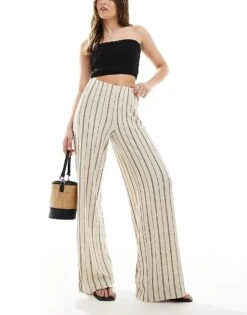 Bershka Crinkle Wide Leg Trousers In Ecru Stripe For Women -Chic Maze Sales 208412059 1 ecru 1