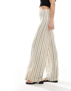 Bershka Crinkle Wide Leg Trousers In Ecru Stripe For Women -Chic Maze Sales 208412059 2