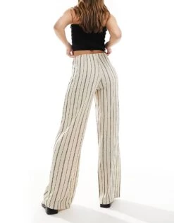 Bershka Crinkle Wide Leg Trousers In Ecru Stripe For Women -Chic Maze Sales 208412059 3