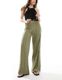 Bershka Crinkle Wide Leg Trousers In Khaki Stripe For Women -Chic Maze Sales 208412089 1 khaki 1