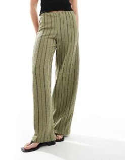 Bershka Crinkle Wide Leg Trousers In Khaki Stripe For Women -Chic Maze Sales 208412089 2