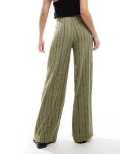 Bershka Crinkle Wide Leg Trousers In Khaki Stripe For Women -Chic Maze Sales 208412089 3