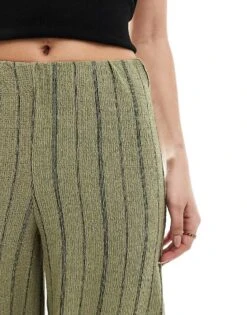 Bershka Crinkle Wide Leg Trousers In Khaki Stripe For Women -Chic Maze Sales 208412089 4