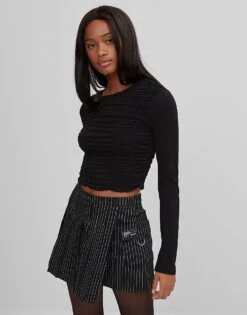 Bershka Long Sleeve Top With Ruched Front In Black For Women -Chic Maze Sales 22739333 1 black 1